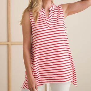 Chicos Women 1/M Red White Striped V-Neck Relaxed Fit Slub Tunic Tank